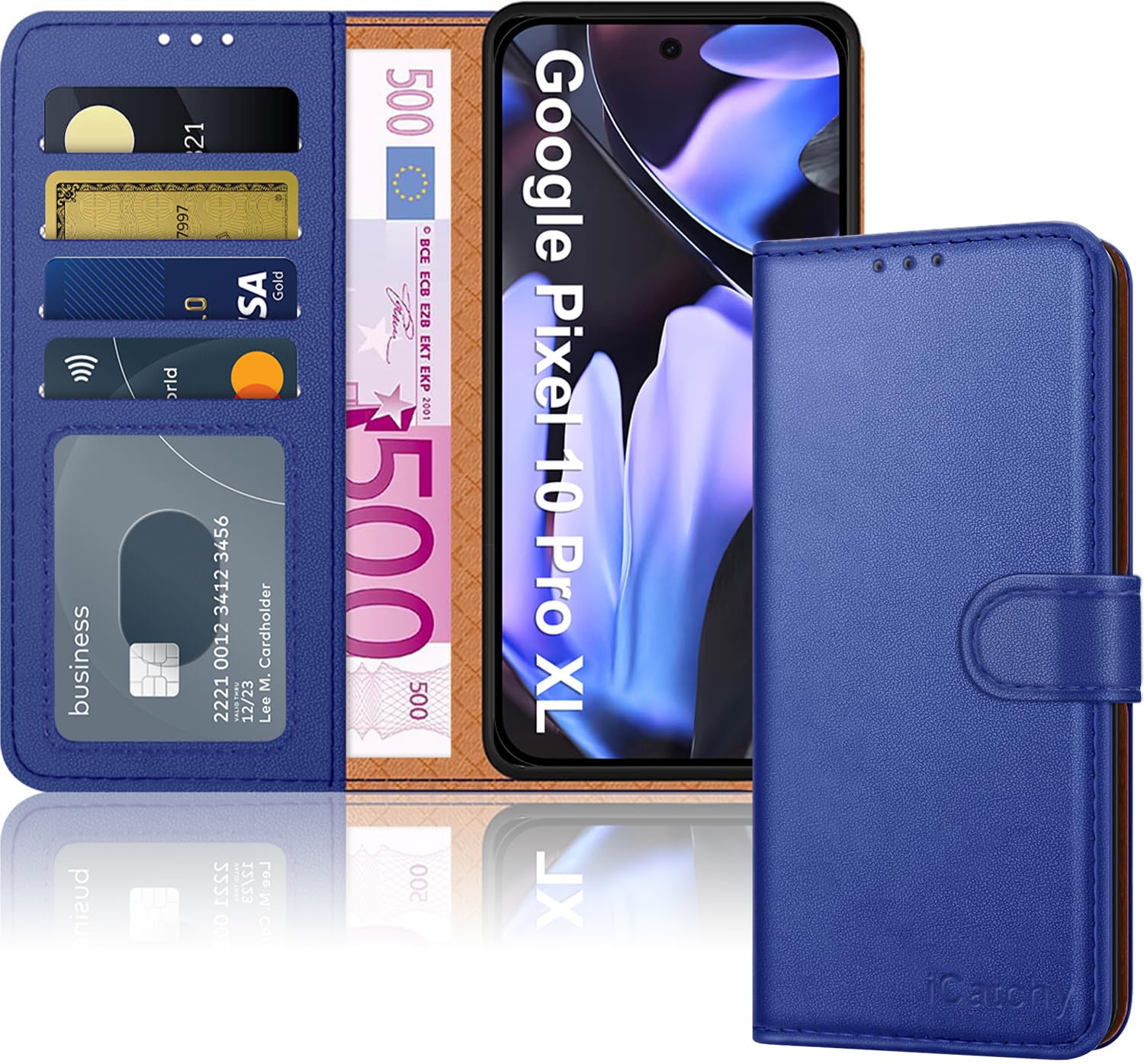iCatchy Case for Google 10 Pro XL with 4 Card Slots Leather Wallet Flip Book Magnetic Closure Kickstand Shockproof Protective Phone Cover compatible with Pixel 10 Pro XL