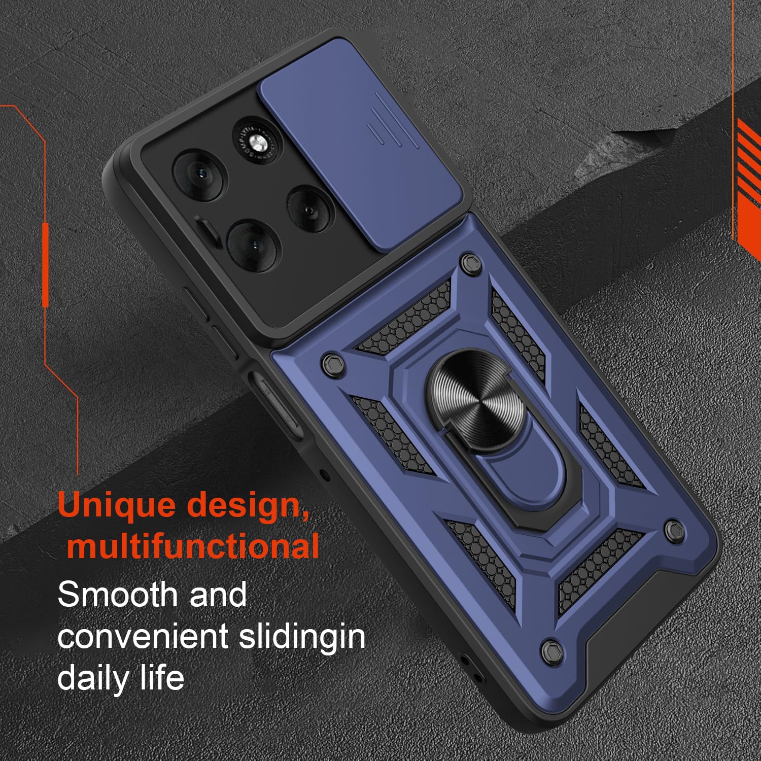 iCatchy Case for Motorola G56 Sliding Camera Cover Shockproof Heavy-duty Military Rugged Ring Holder Kickstand for Moto G56 Phone