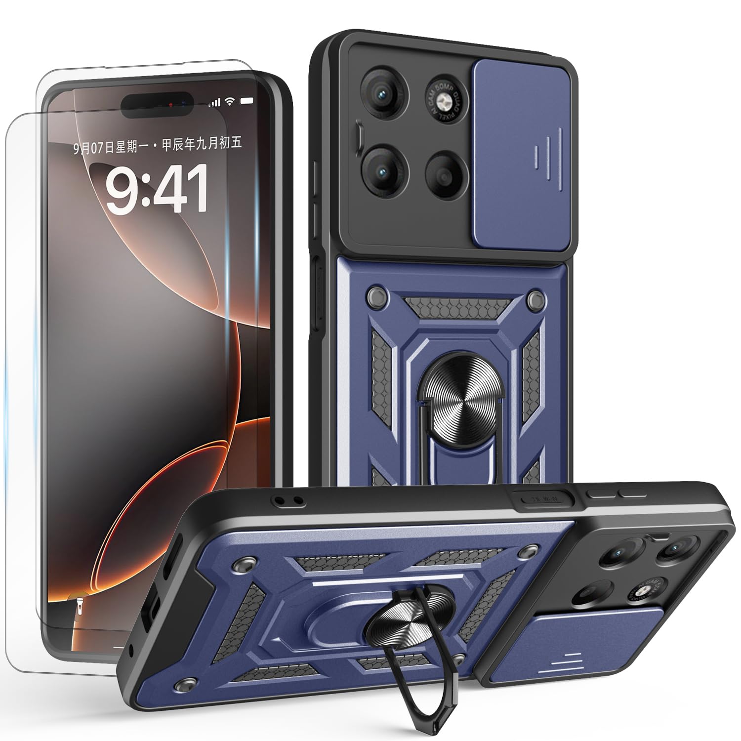 iCatchy Case for Motorola G15 With 2 Screen Protector Sliding Camera Cover Shockproof Heavy-duty Military Rugged Ring Holder Kickstand for Moto G15 Phone