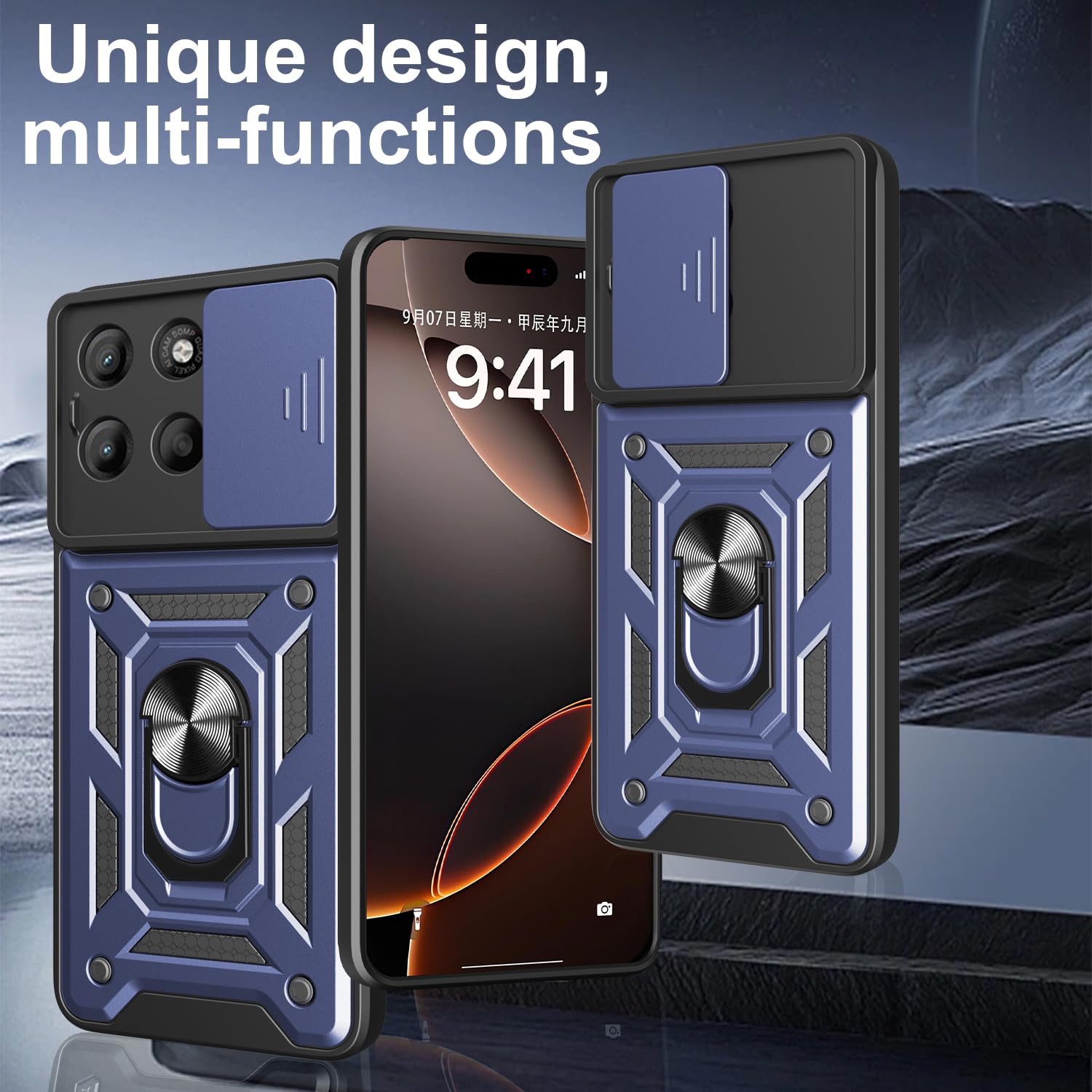 iCatchy Case for Motorola G15 With 2 Screen Protector Sliding Camera Cover Shockproof Heavy-duty Military Rugged Ring Holder Kickstand for Moto G15 Phone