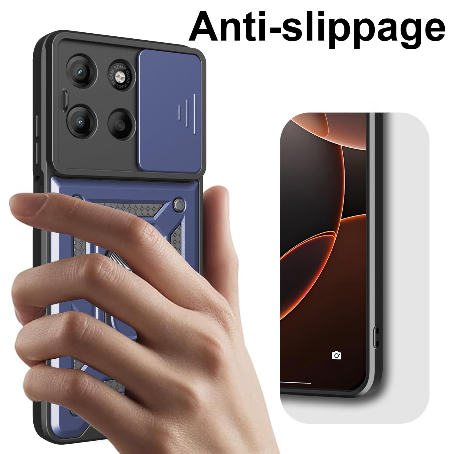 iCatchy Case for Motorola G15 With 2 Screen Protector Sliding Camera Cover Shockproof Heavy-duty Military Rugged Ring Holder Kickstand for Moto G15 Phone