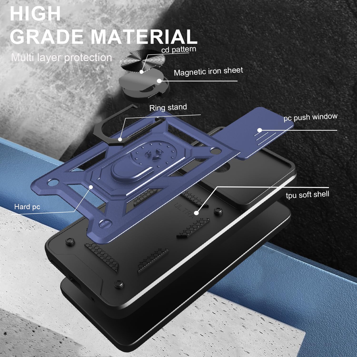 iCatchy Case for Motorola G15 With 2 Screen Protector Sliding Camera Cover Shockproof Heavy-duty Military Rugged Ring Holder Kickstand for Moto G15 Phone