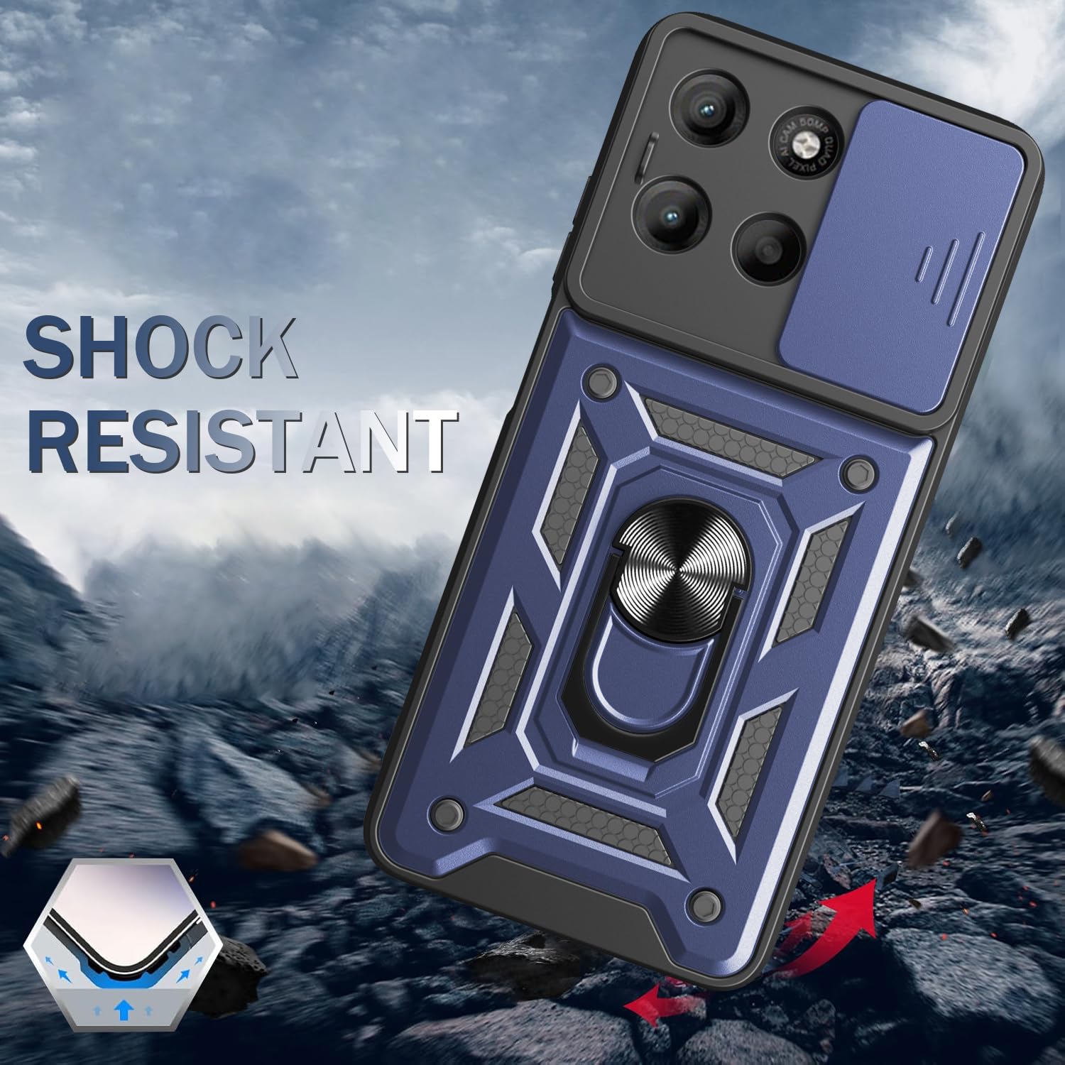 iCatchy Case for Motorola G15 With 2 Screen Protector Sliding Camera Cover Shockproof Heavy-duty Military Rugged Ring Holder Kickstand for Moto G15 Phone