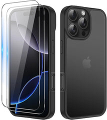 iCatchy Matte Case for iPhone 16 Pro 6.3-Inch 2x HD Screen Protector Tempered Glass Shockproof Military Grade Drop Protection, Frosted Translucent Back Phone Cover, Anti-Fingerprint Black image 0