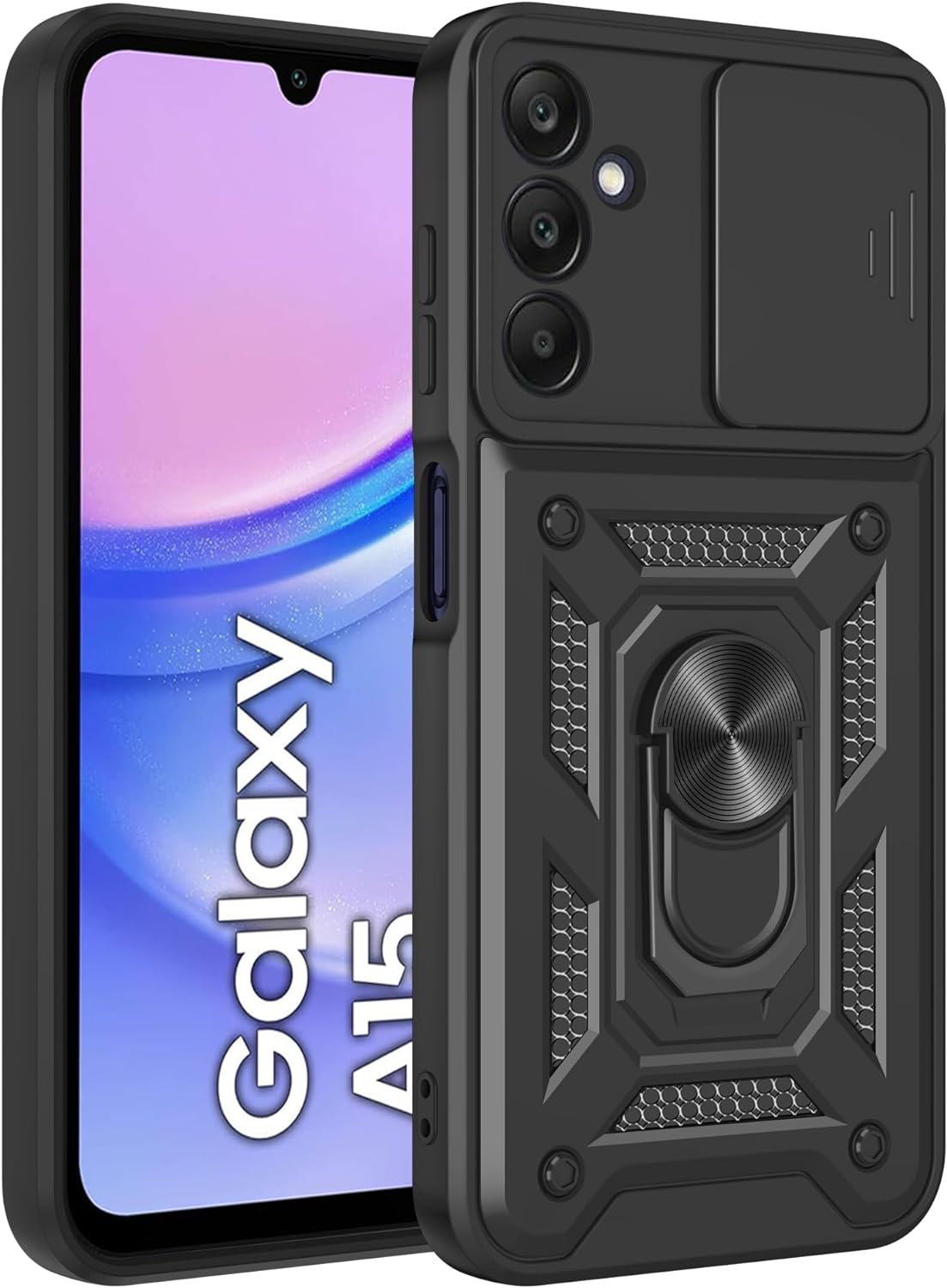 iCatchy Case for Samsung Galaxy A15 Phone Camera Cover Shockproof Heavy-duty Military Rugged Ring Holder Kickstand for Samsung A15 5G / 4G