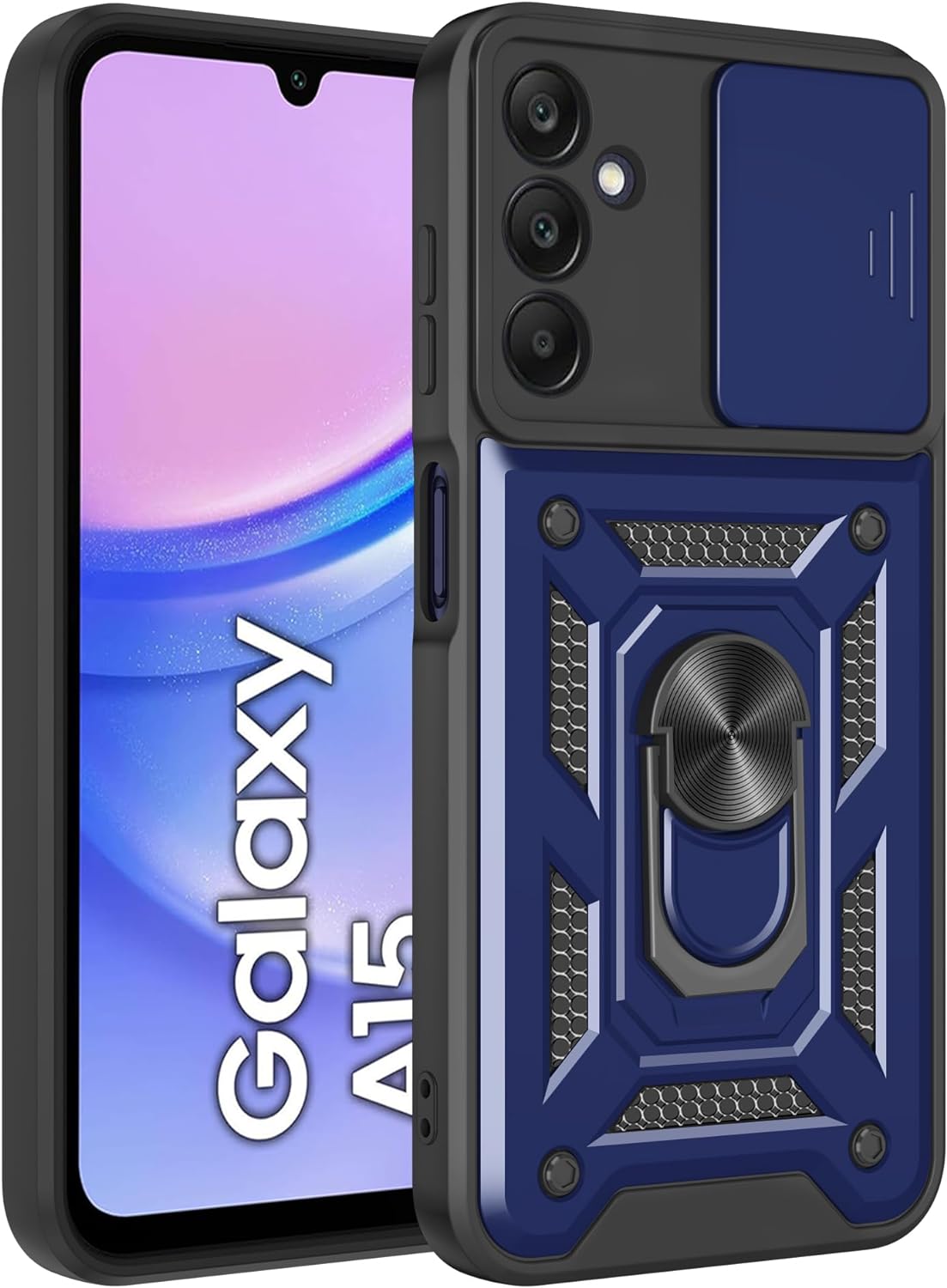 iCatchy Case for Samsung Galaxy A15 Phone Camera Cover Shockproof Heavy-duty Military Rugged Ring Holder Kickstand for Samsung A15 5G / 4G