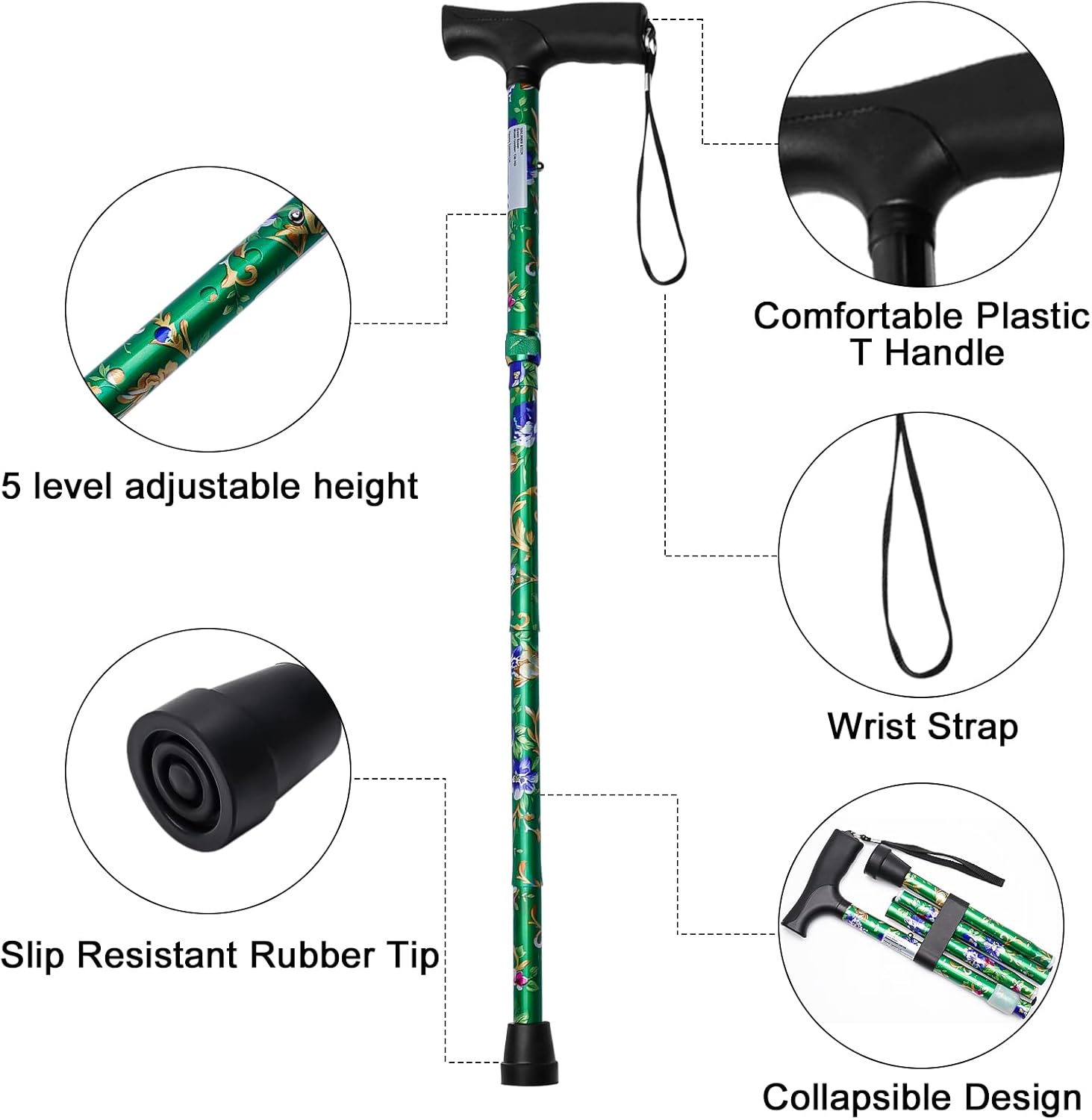 iCatchy Walking Flexible Stick, Easy Adjustable Height Folding Extendable Walking Aid Mobility Aid Collapsible Walking Stick for Unisex UKCA Approved