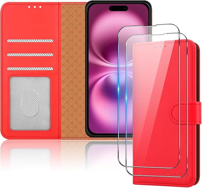 iCatchy for iPhone 16 Case (6.1-Inch) - Leather Wallet Card Slots Magnetic Closure Kickstand RFID Blocking Phone Cover with 2X HD Tempered Glass Screen Protector
