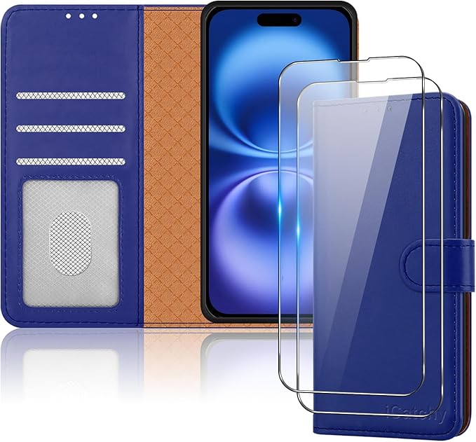 iCatchy for iPhone 16 Case (6.1-Inch) - Leather Wallet Card Slots Magnetic Closure Kickstand RFID Blocking Phone Cover with 2X HD Tempered Glass Screen Protector