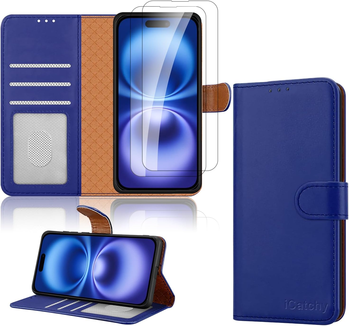iCatchy for iPhone 16 Case (6.1-Inch) - Leather Wallet Card Slots Magnetic Closure Kickstand RFID Blocking Phone Cover with 2X HD Tempered Glass Screen Protector
