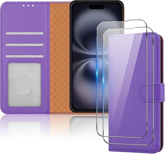 iCatchy for iPhone 16 Case (6.1-Inch) - Leather Wallet Card Slots Magnetic Closure Kickstand RFID Blocking Phone Cover with 2X HD Tempered Glass Screen Protector
