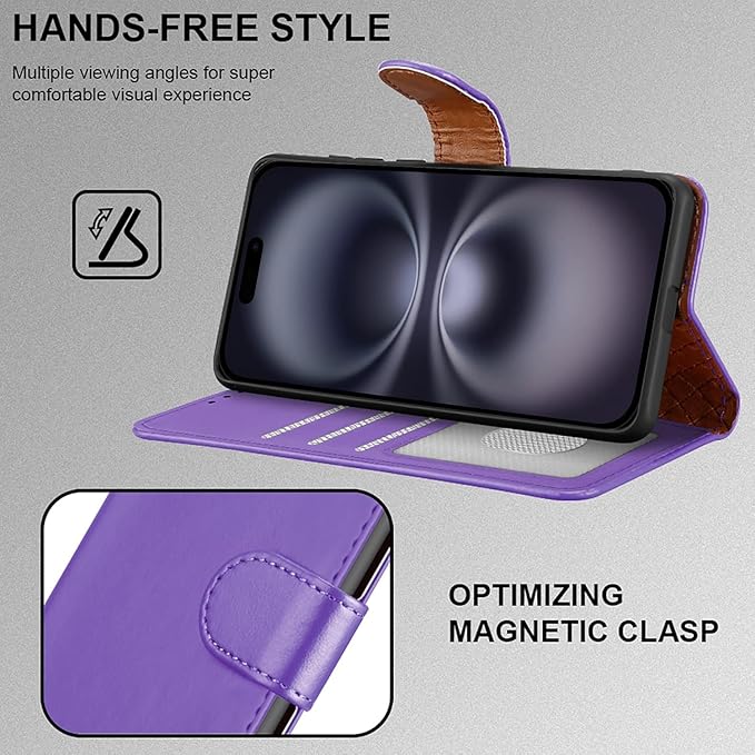 iCatchy for iPhone 16 Case (6.1-Inch) - Leather Wallet Card Slots Magnetic Closure Kickstand RFID Blocking Phone Cover with 2X HD Tempered Glass Screen Protector