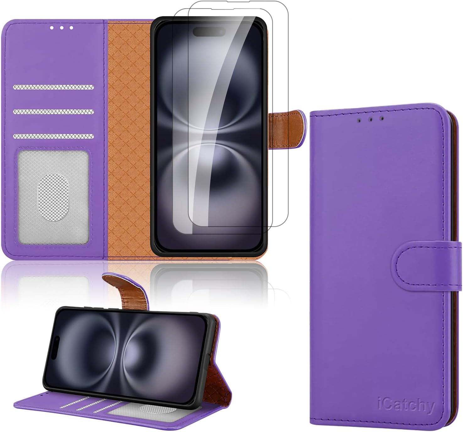 iCatchy for iPhone 16 Case (6.1-Inch) - Leather Wallet Card Slots Magnetic Closure Kickstand RFID Blocking Phone Cover with 2X HD Tempered Glass Screen Protector