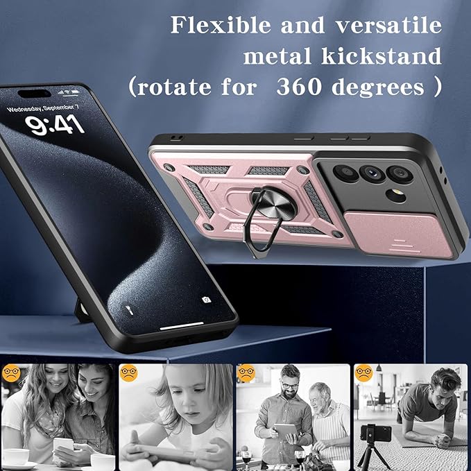 iCatchy for Samsung Galaxy A56 5G Phone Case Military Grade Drop Protection Bumper Cover, 360°Rotate Magnetic Ring Stand, Slide Camera Lens Anti-Scratch Hybrid Tough Shell