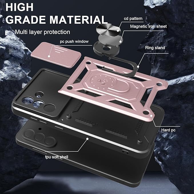 iCatchy for Samsung Galaxy A56 5G Phone Case Military Grade Drop Protection Bumper Cover, 360°Rotate Magnetic Ring Stand, Slide Camera Lens Anti-Scratch Hybrid Tough Shell