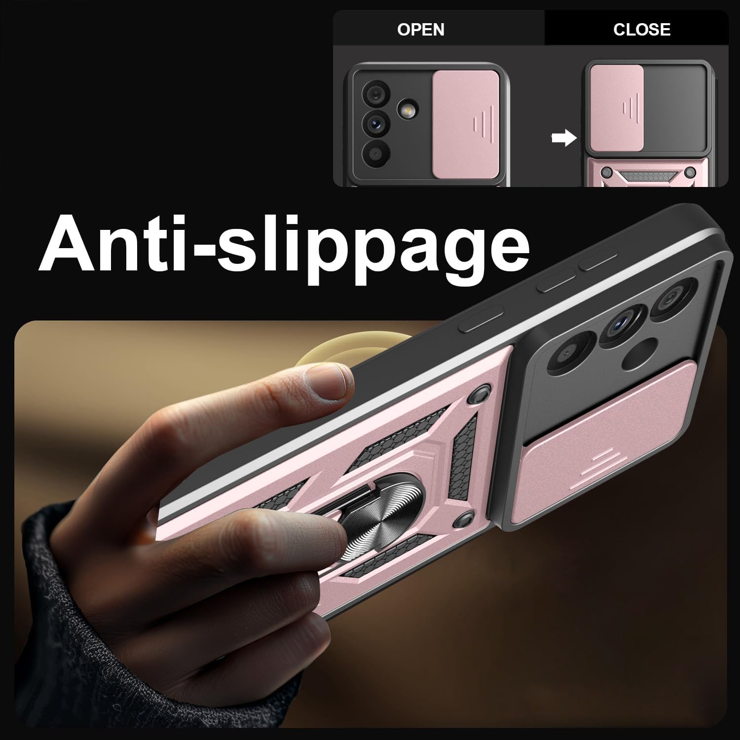 iCatchy for Samsung Galaxy A56 5G Phone Case Military Grade Drop Protection Bumper Cover, 360°Rotate Magnetic Ring Stand, Slide Camera Lens Anti-Scratch Hybrid Tough Shell