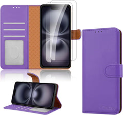 iCatchy for iPhone 16 Plus Case 6.7 Inch with 2x Screen Protector Tempered Glass Leather Wallet Card Slots Magnetic Closure Kickstand RFID Blocking Phone Cover