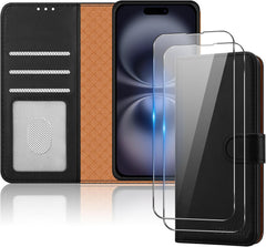 iCatchy for iPhone 16 Case (6.1-Inch) - Leather Wallet Card Slots Magnetic Closure Kickstand RFID Blocking Phone Cover with 2X HD Tempered Glass Screen Protector