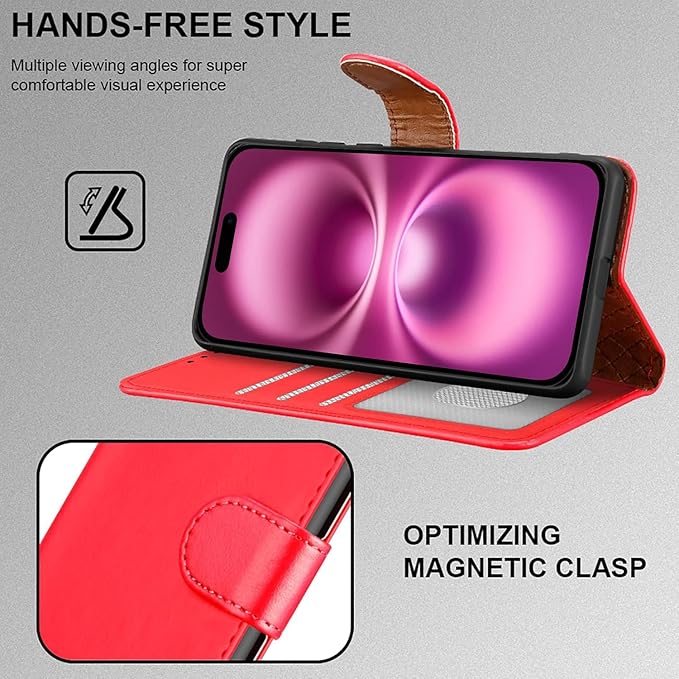 iCatchy for iPhone 16 Case (6.1-Inch) - Leather Wallet Card Slots Magnetic Closure Kickstand RFID Blocking Phone Cover with 2X HD Tempered Glass Screen Protector