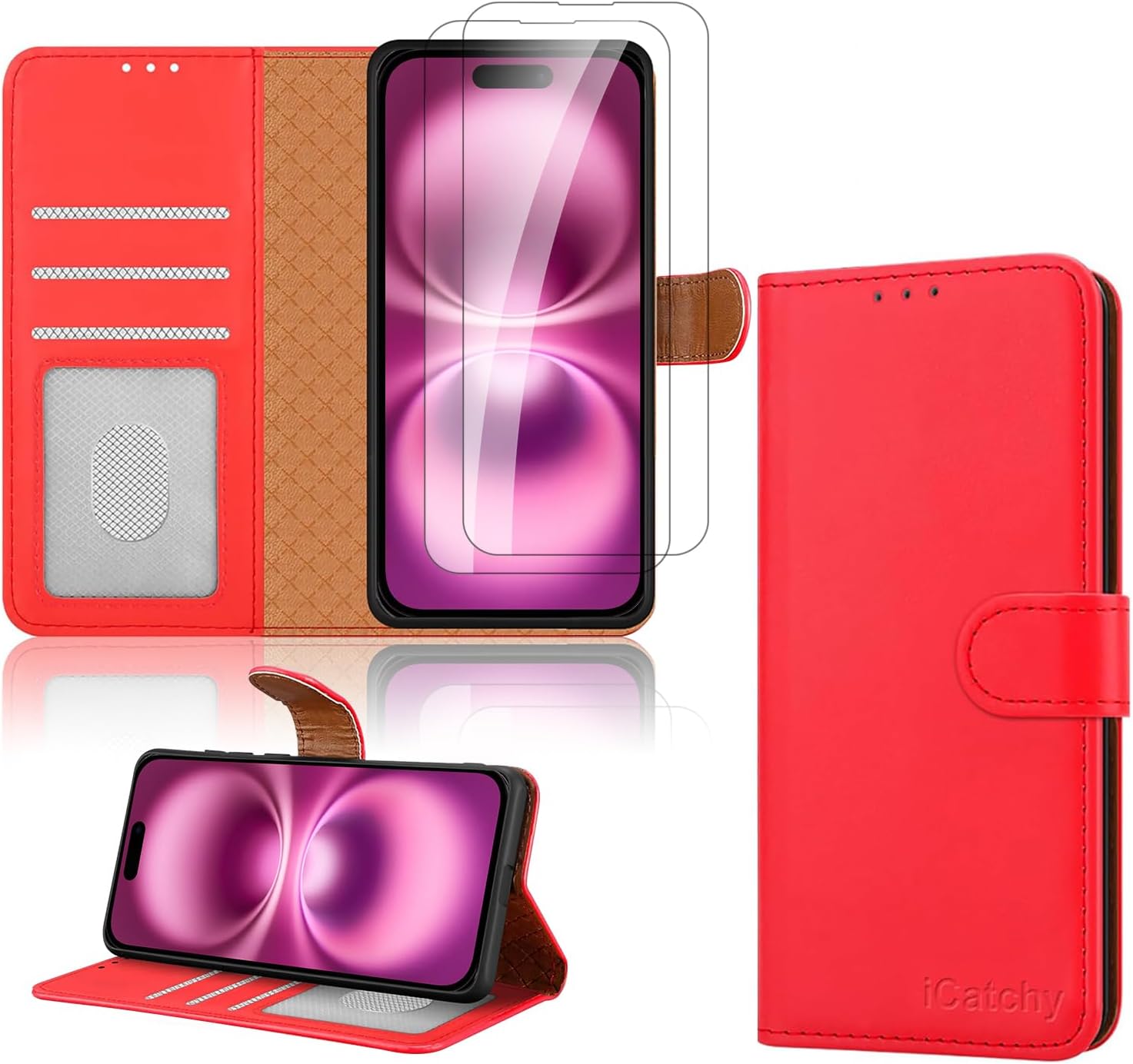 iCatchy for iPhone 16 Case (6.1-Inch) - Leather Wallet Card Slots Magnetic Closure Kickstand RFID Blocking Phone Cover with 2X HD Tempered Glass Screen Protector