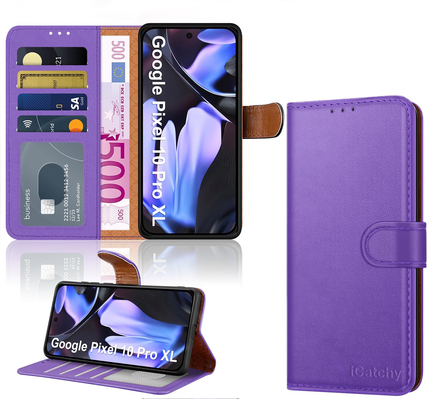 iCatchy Case for Google 10 Pro XL with 4 Card Slots Leather Wallet Flip Book Magnetic Closure Kickstand Shockproof Protective Phone Cover compatible with Pixel 10 Pro XL