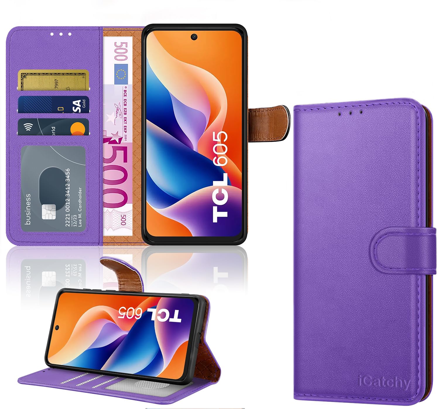 iCatchy for TCL 605 Case with 3 Card Slots Leather Wallet Flip Book RFID Blocking Magnetic Closure Kickstand Shockproof Protective Phone Cover compatible with TCL 605