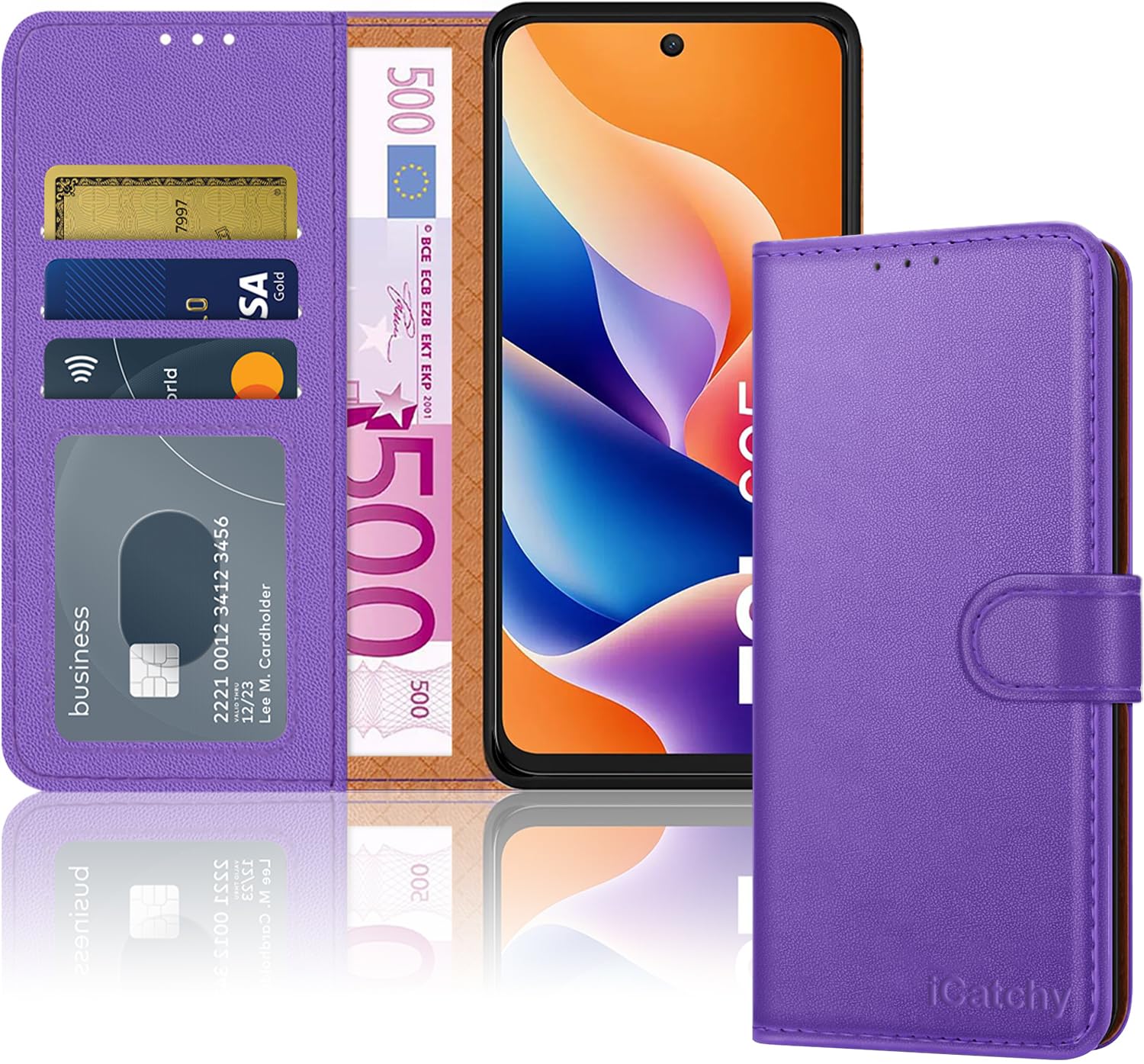 iCatchy for TCL 605 Case with 3 Card Slots Leather Wallet Flip Book RFID Blocking Magnetic Closure Kickstand Shockproof Protective Phone Cover compatible with TCL 605