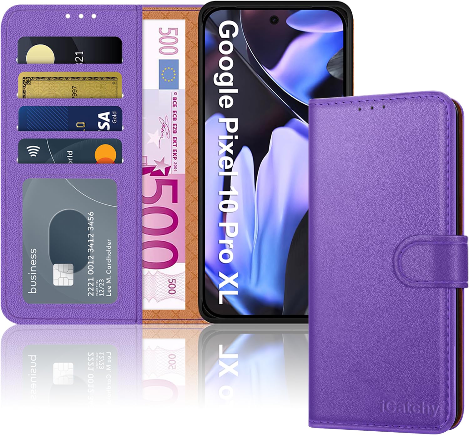 iCatchy Case for Google 10 Pro XL with 4 Card Slots Leather Wallet Flip Book Magnetic Closure Kickstand Shockproof Protective Phone Cover compatible with Pixel 10 Pro XL