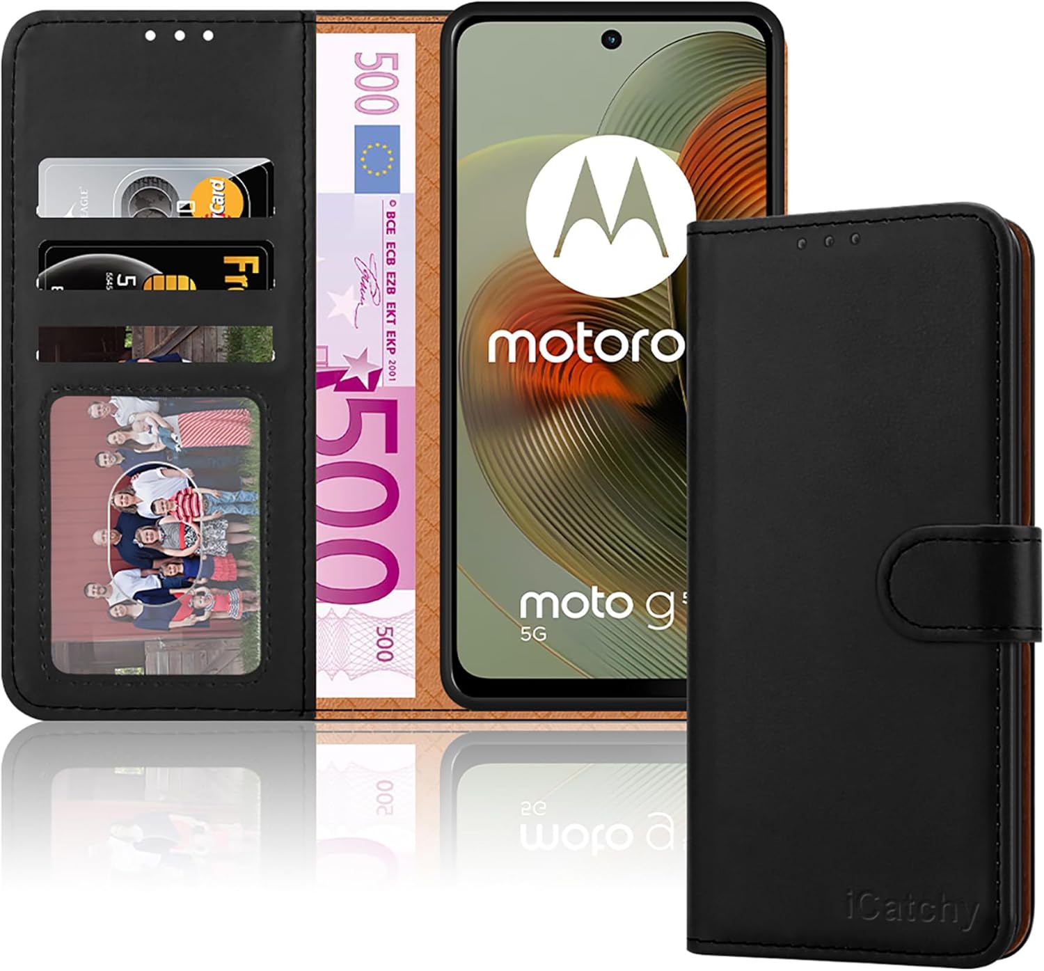iCatchy for Motorola Moto G55 Case, Leather Wallet Book Flip Folio Kickstand Magnetic Protect RFID Blocking Cover compatible for Motorola G55 Phone