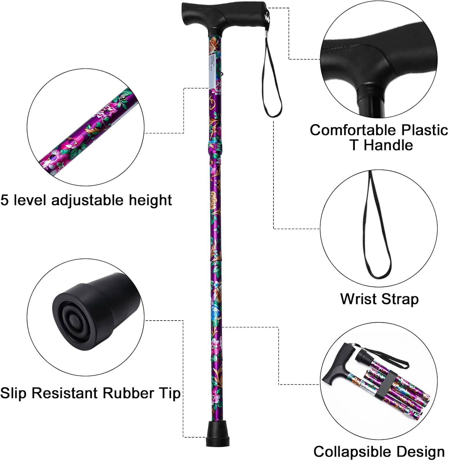 iCatchy Walking Flexible Stick, Easy Adjustable Height Folding Extendable Walking Aid Mobility Aid Collapsible Walking Stick for Unisex UKCA Approved
