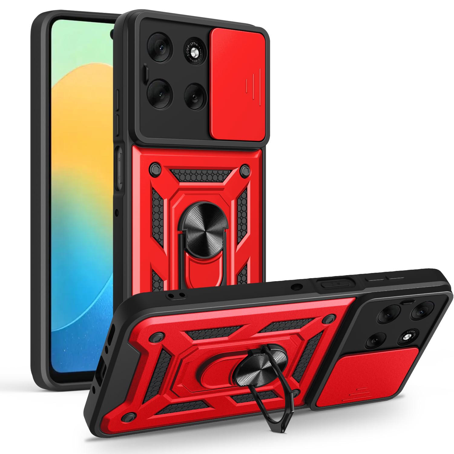 iCatchy Case for Motorola G56 Sliding Camera Cover Shockproof Heavy-duty Military Rugged Ring Holder Kickstand for Moto G56 Phone
