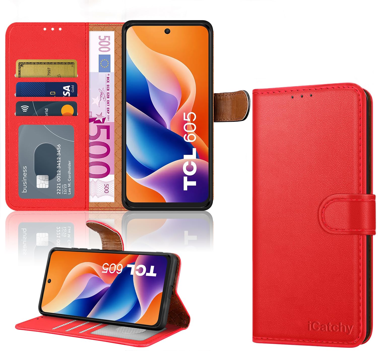 iCatchy for TCL 605 Case with 3 Card Slots Leather Wallet Flip Book RFID Blocking Magnetic Closure Kickstand Shockproof Protective Phone Cover compatible with TCL 605