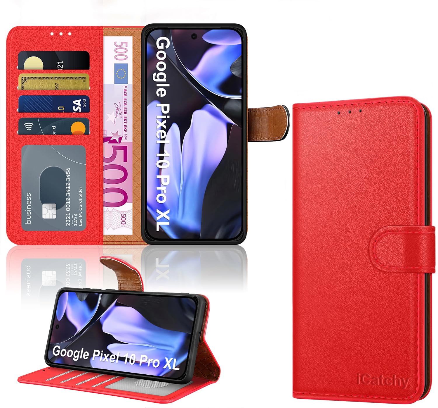 iCatchy Case for Google 10 Pro XL with 4 Card Slots Leather Wallet Flip Book Magnetic Closure Kickstand Shockproof Protective Phone Cover compatible with Pixel 10 Pro XL