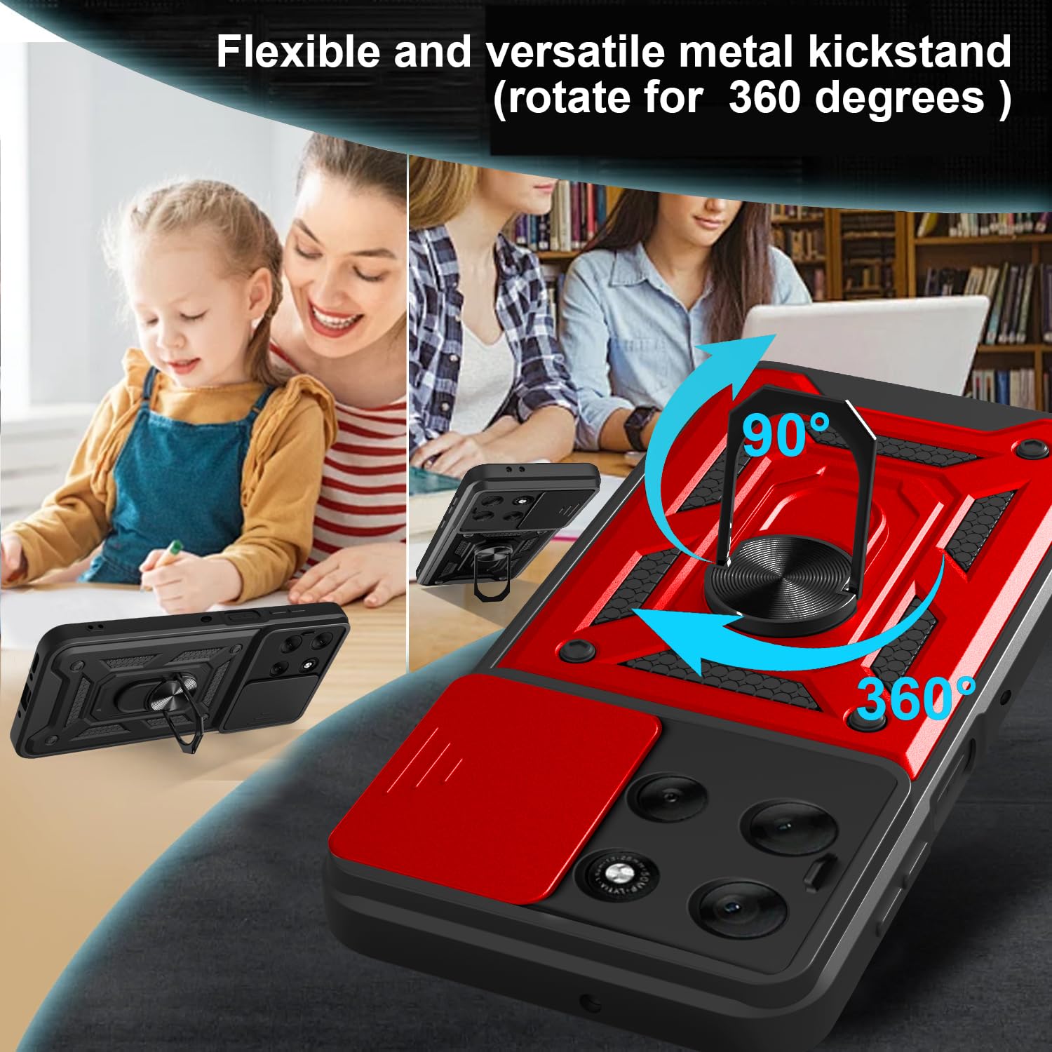 iCatchy Case for Motorola G56 Sliding Camera Cover Shockproof Heavy-duty Military Rugged Ring Holder Kickstand for Moto G56 Phone