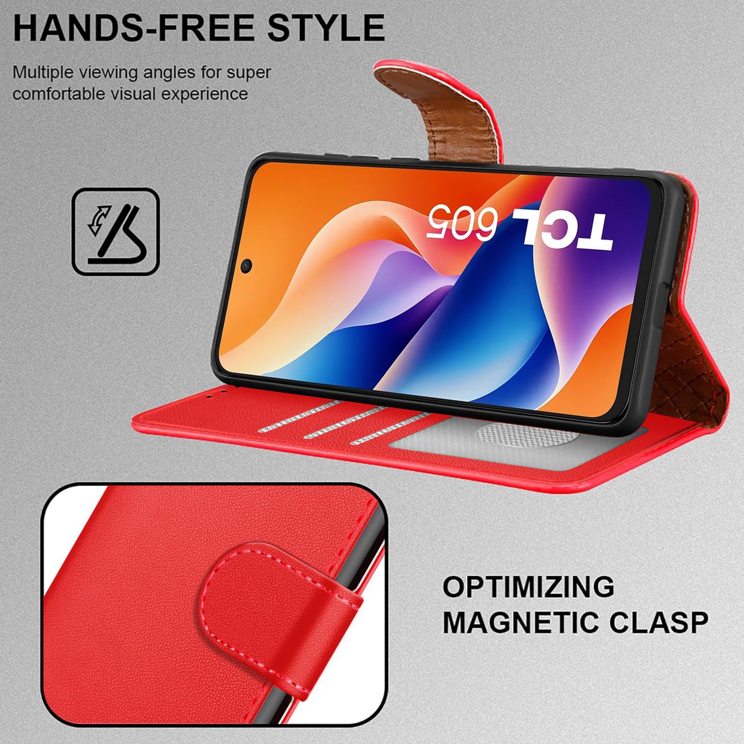 iCatchy for TCL 605 Case with 3 Card Slots Leather Wallet Flip Book RFID Blocking Magnetic Closure Kickstand Shockproof Protective Phone Cover compatible with TCL 605