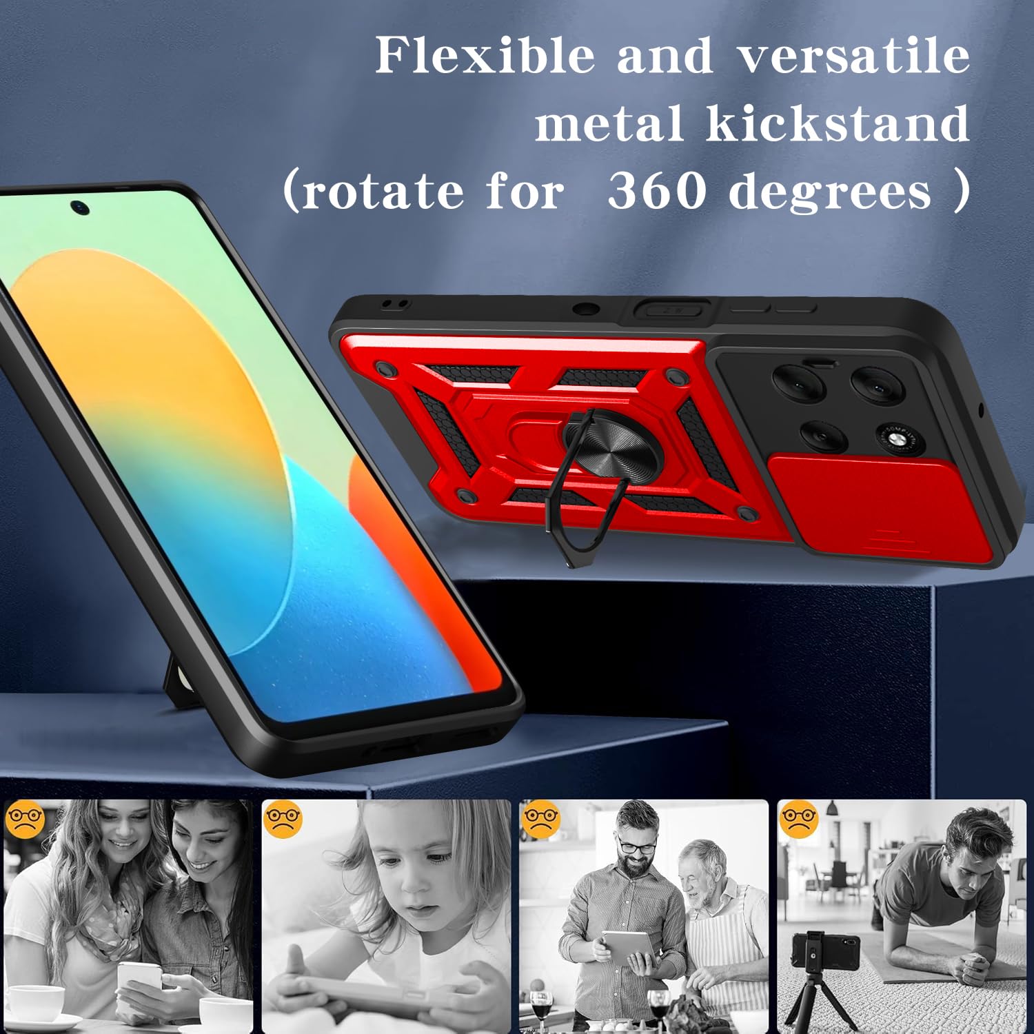 iCatchy Case for Motorola G56 Sliding Camera Cover Shockproof Heavy-duty Military Rugged Ring Holder Kickstand for Moto G56 Phone