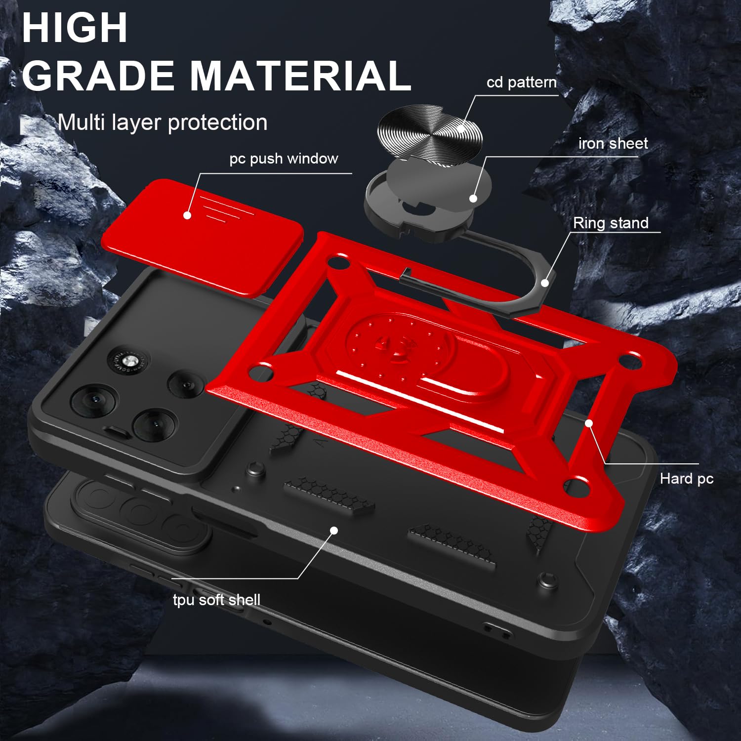 iCatchy Case for Motorola G56 Sliding Camera Cover Shockproof Heavy-duty Military Rugged Ring Holder Kickstand for Moto G56 Phone