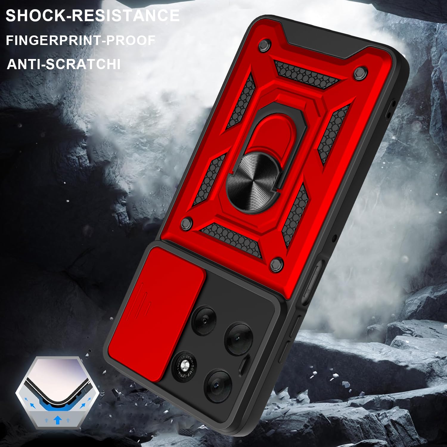 iCatchy Case for Motorola G56 Sliding Camera Cover Shockproof Heavy-duty Military Rugged Ring Holder Kickstand for Moto G56 Phone