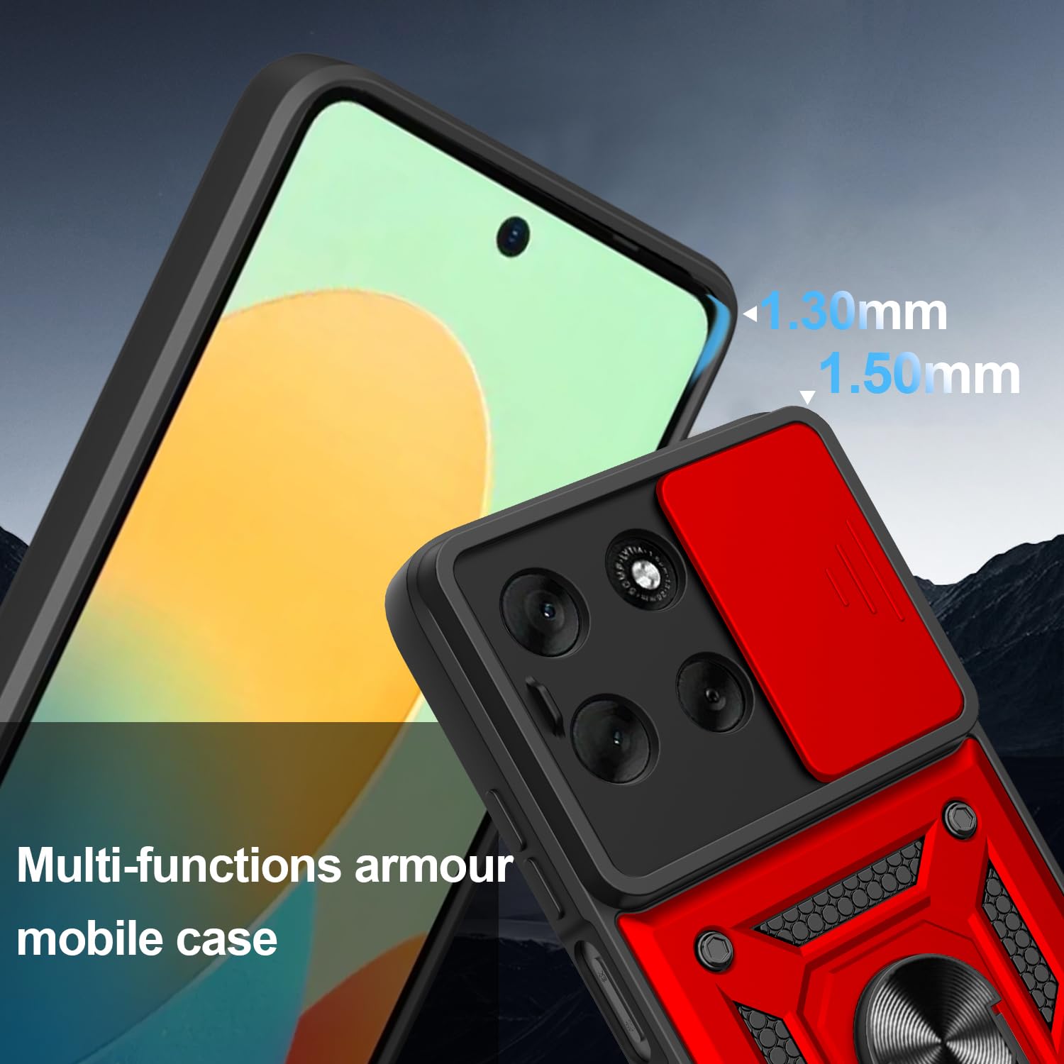 iCatchy Case for Motorola G56 Sliding Camera Cover Shockproof Heavy-duty Military Rugged Ring Holder Kickstand for Moto G56 Phone