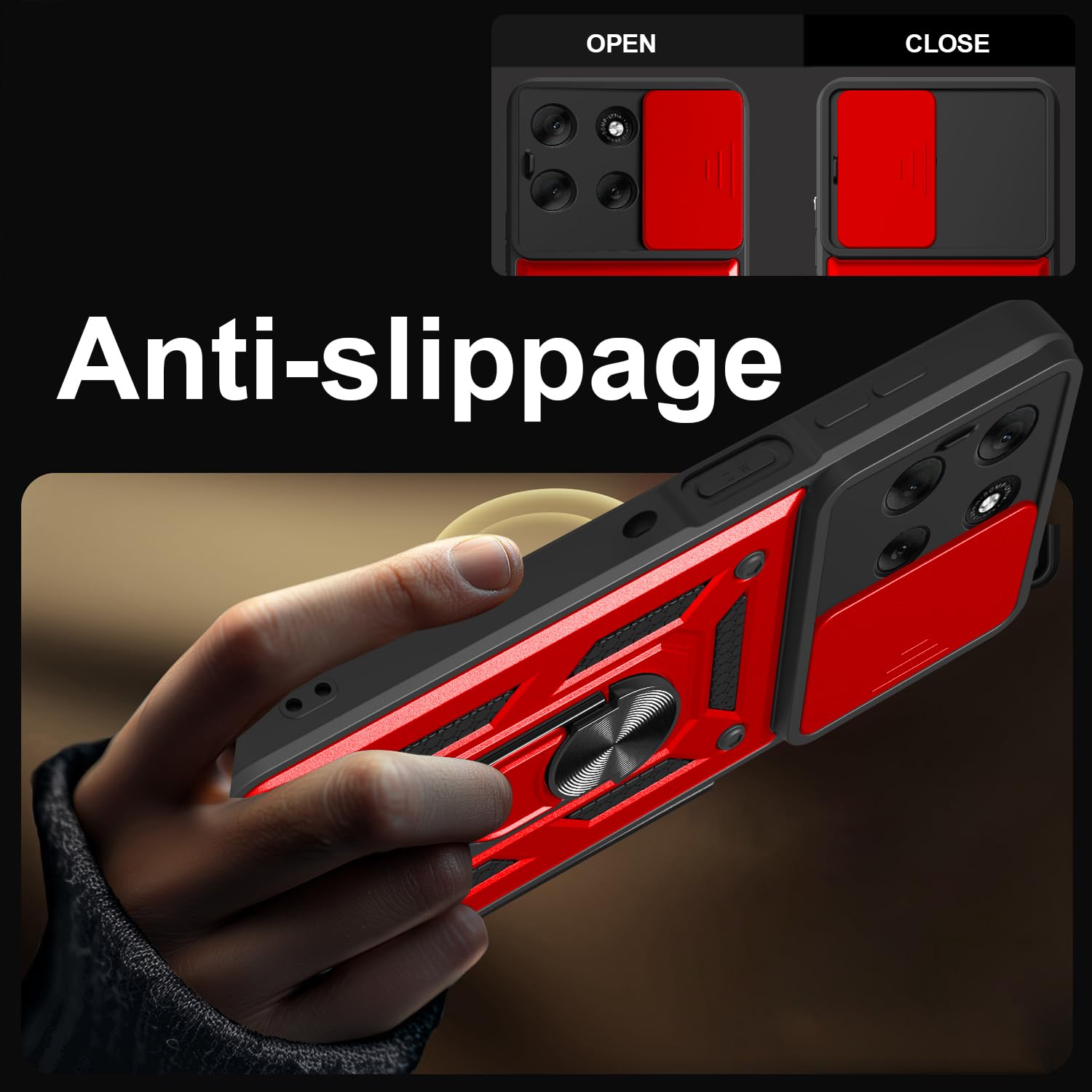 iCatchy Case for Motorola G56 Sliding Camera Cover Shockproof Heavy-duty Military Rugged Ring Holder Kickstand for Moto G56 Phone