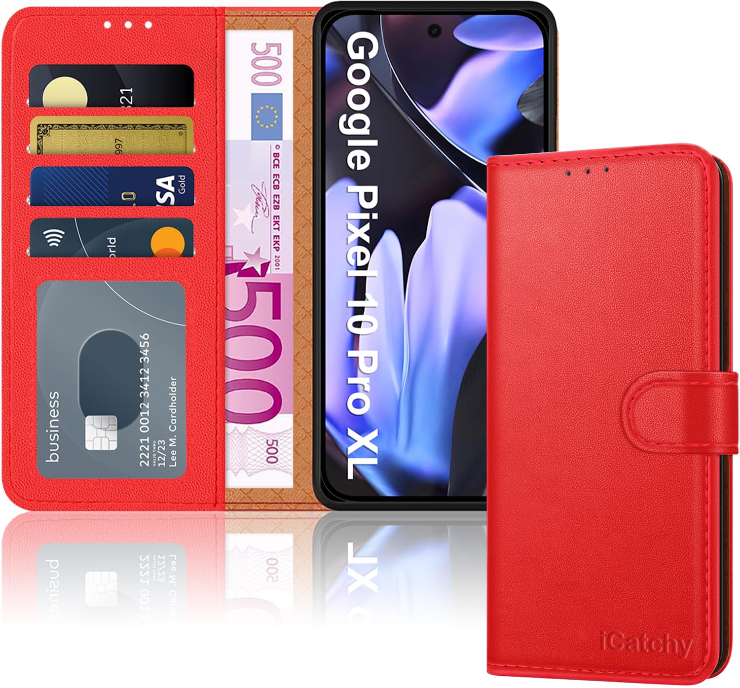 iCatchy Case for Google 10 Pro XL with 4 Card Slots Leather Wallet Flip Book Magnetic Closure Kickstand Shockproof Protective Phone Cover compatible with Pixel 10 Pro XL