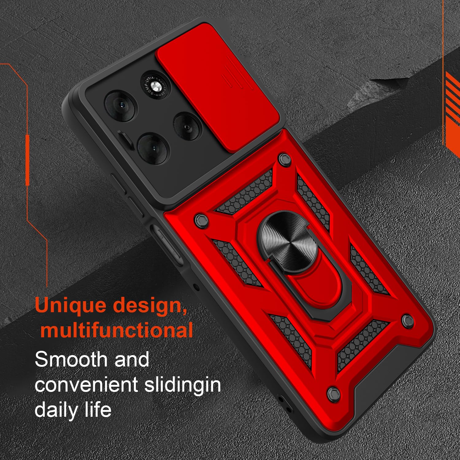 iCatchy Case for Motorola G56 Sliding Camera Cover Shockproof Heavy-duty Military Rugged Ring Holder Kickstand for Moto G56 Phone