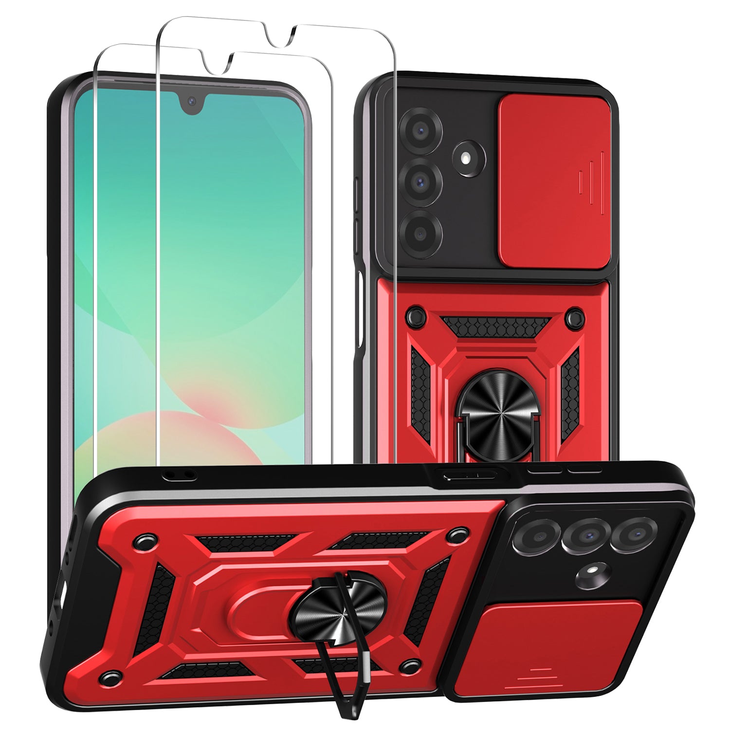 iCatchy Case for Samsung Galaxy A17 / A26 With 2 Screen Protector Sliding Camera Cover Shockproof Heavy-duty Military Rugged Ring Holder Kickstand