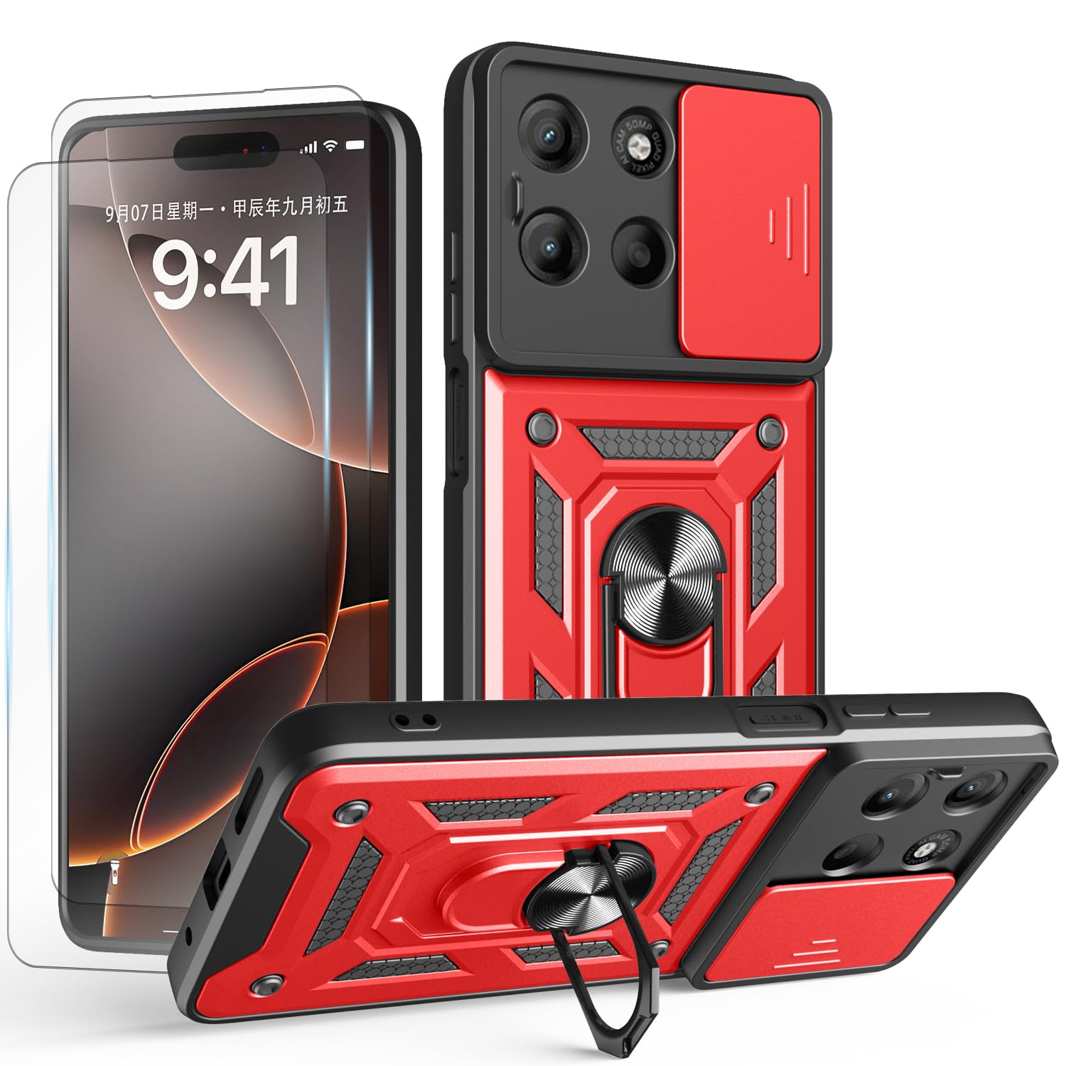 iCatchy Case for Motorola G15 With 2 Screen Protector Sliding Camera Cover Shockproof Heavy-duty Military Rugged Ring Holder Kickstand for Moto G15 Phone