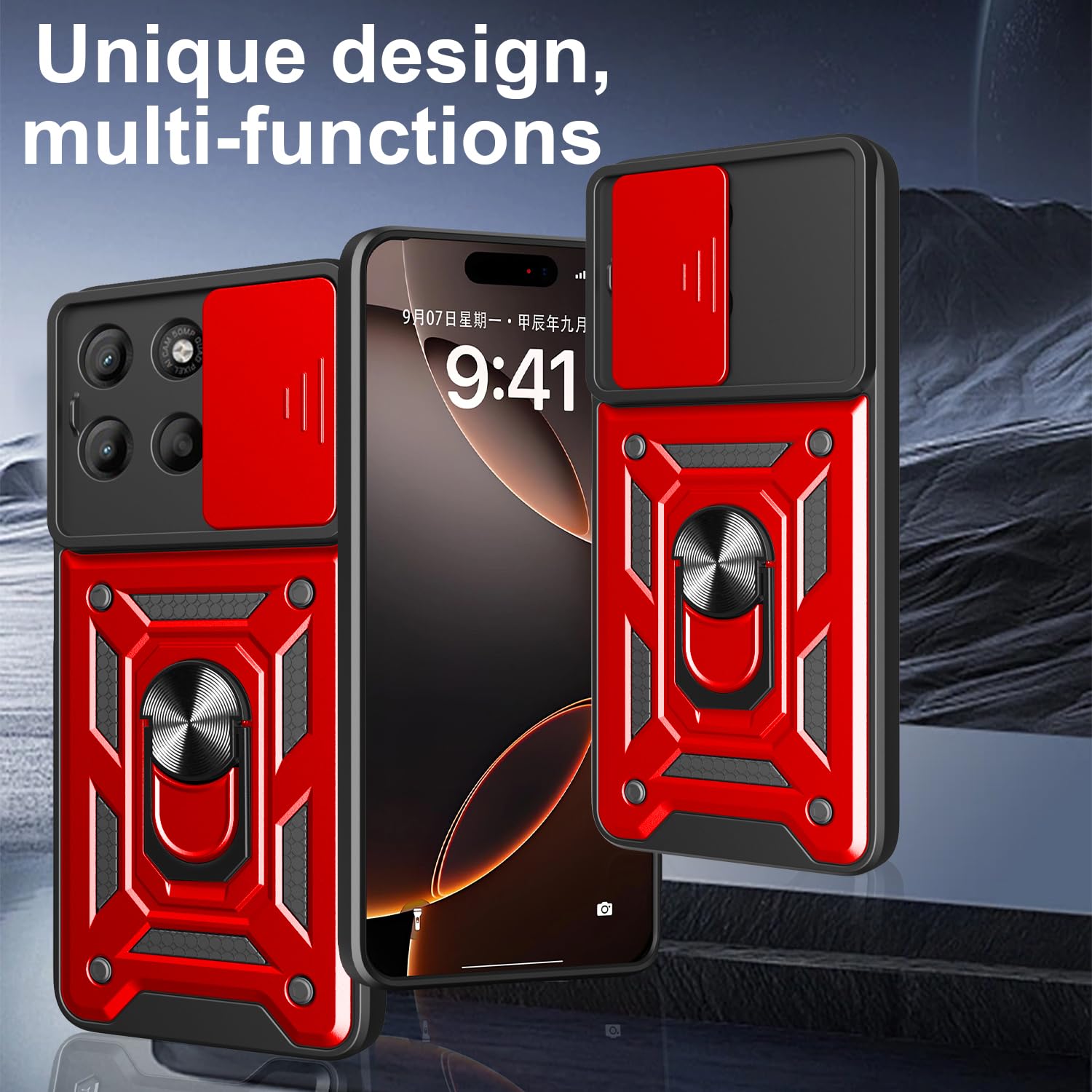 iCatchy Case for Motorola G15 With 2 Screen Protector Sliding Camera Cover Shockproof Heavy-duty Military Rugged Ring Holder Kickstand for Moto G15 Phone