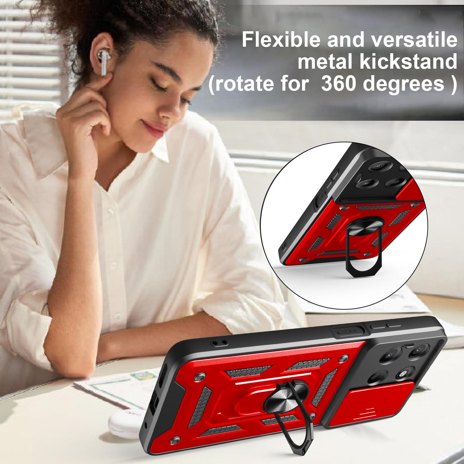 iCatchy Case for Motorola G15 With 2 Screen Protector Sliding Camera Cover Shockproof Heavy-duty Military Rugged Ring Holder Kickstand for Moto G15 Phone