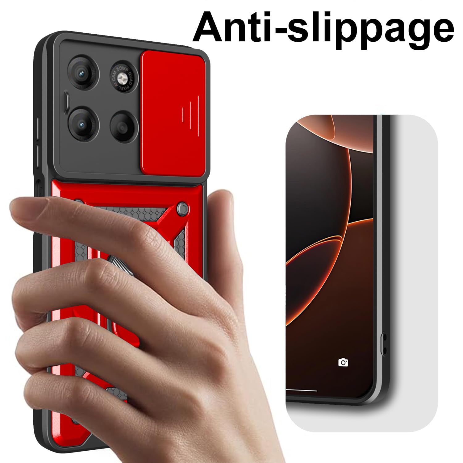 iCatchy Case for Motorola G15 With 2 Screen Protector Sliding Camera Cover Shockproof Heavy-duty Military Rugged Ring Holder Kickstand for Moto G15 Phone