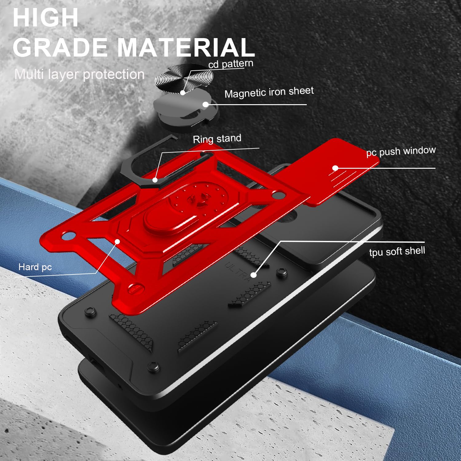 iCatchy Case for Motorola G15 With 2 Screen Protector Sliding Camera Cover Shockproof Heavy-duty Military Rugged Ring Holder Kickstand for Moto G15 Phone