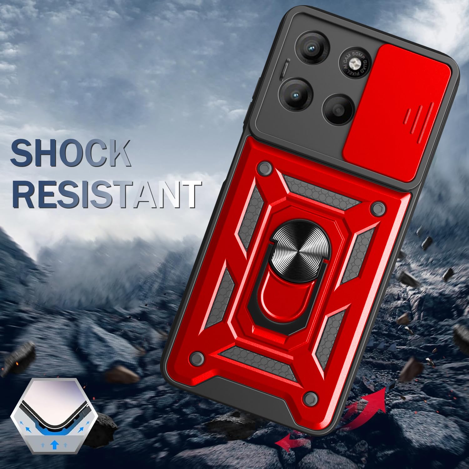 iCatchy Case for Motorola G15 With 2 Screen Protector Sliding Camera Cover Shockproof Heavy-duty Military Rugged Ring Holder Kickstand for Moto G15 Phone