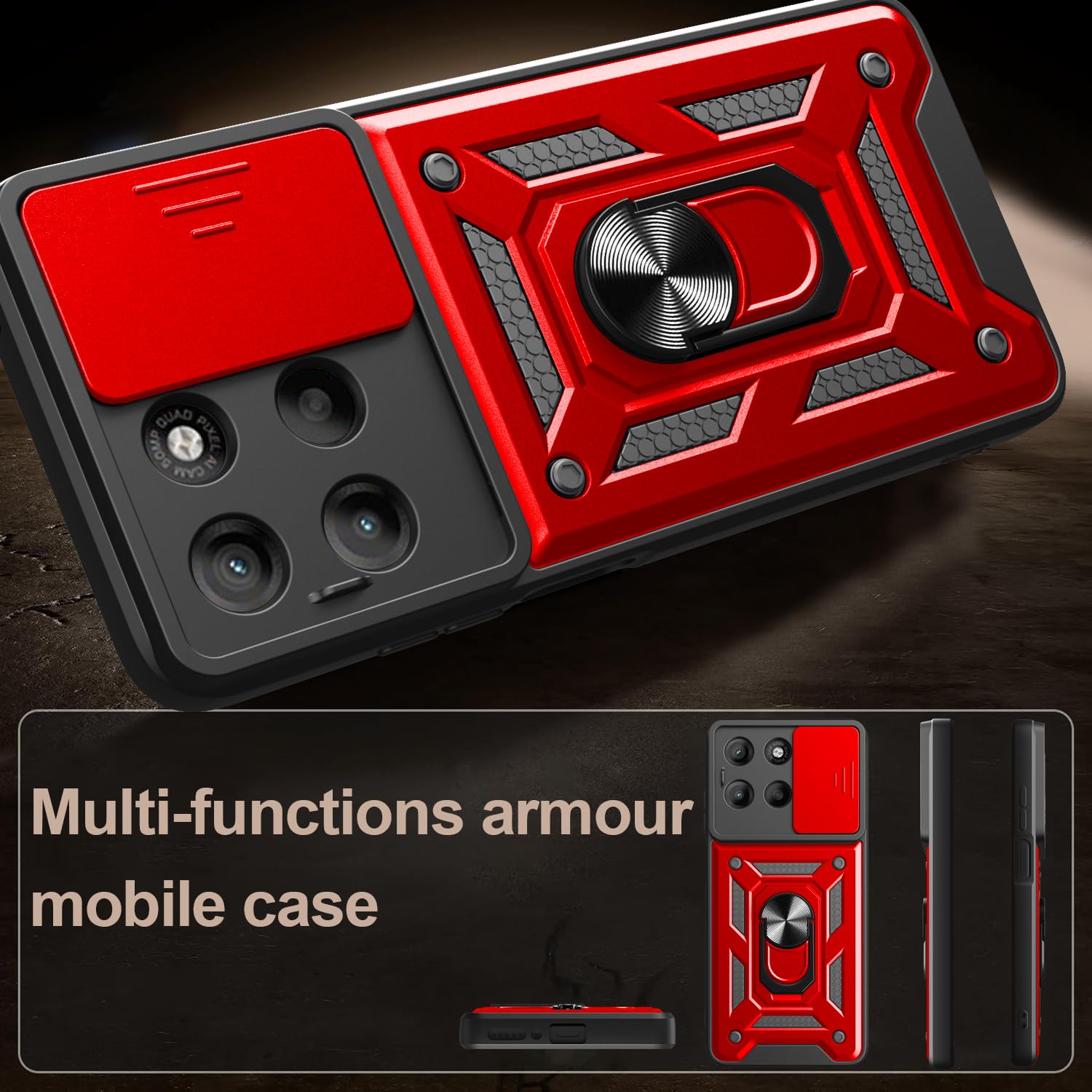 iCatchy Case for Motorola G15 With 2 Screen Protector Sliding Camera Cover Shockproof Heavy-duty Military Rugged Ring Holder Kickstand for Moto G15 Phone